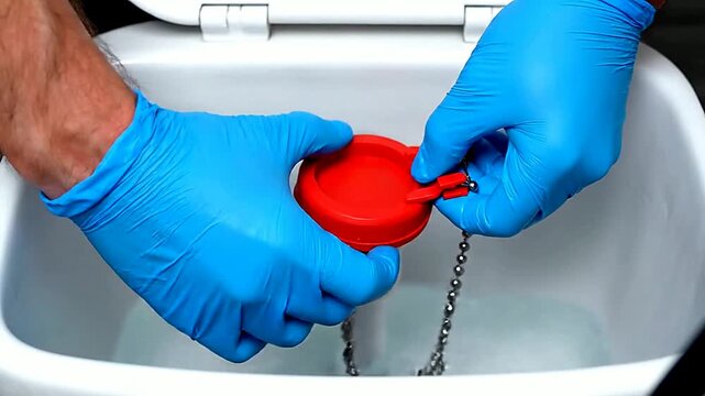 Close up of hands holding toilet flapper adjusting chain in toilet tank or Close up of hands wearing gloves working on toilet flapper and chain in toilet tank