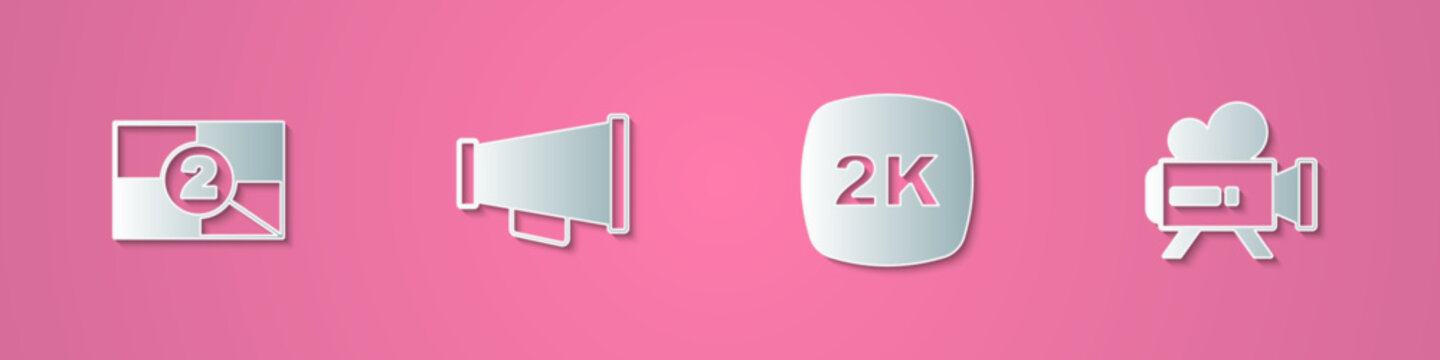 Set paper cut Old film movie countdown frame, Megaphone, 2k Ultra HD and Retro cinema camera icon. Paper art style. Vector