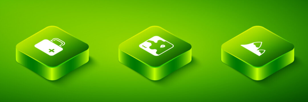 Set Isometric Africa safari map, Mountains and First aid kit icon. Vector