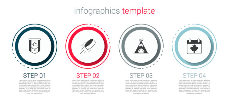 Set Pennant flag of Canada, Hockey puck, Indian teepee or wigwam and day with maple leaf. Business infographic template. Vector