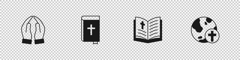 Fototapeta premium Set Hands in praying position, Holy bible book, and Christian cross with globe icon. Vector