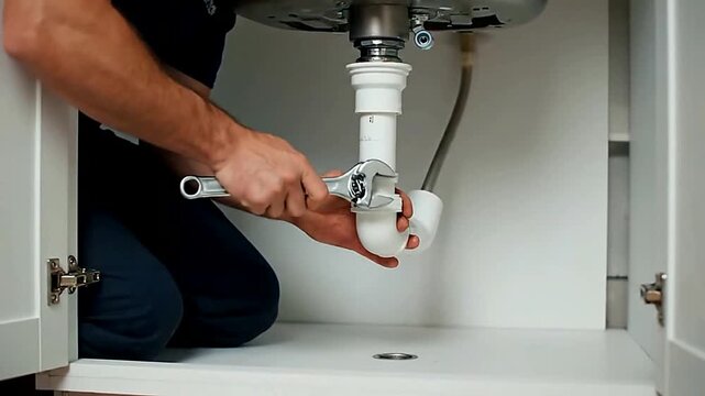 Close up of hand holding white p trap under sink in cabinet or Close up of pipe being installed under sink in cabinet