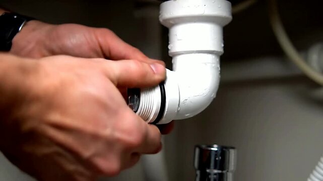 Close up of hands connecting pipe fitting in interior | POV of hands attaching pipe connector in space