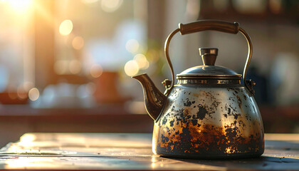 Old metal kettle with patina sitting on table, tea and coffee brewing equipment, blurred background