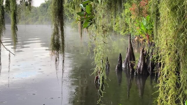 Calm rain falls on a quiet swamp with cypress knees rising from dark green water and long Spanish moss hanging over the shore. Mist, ripples, and wet plants create a peaceful Florida wetland nature