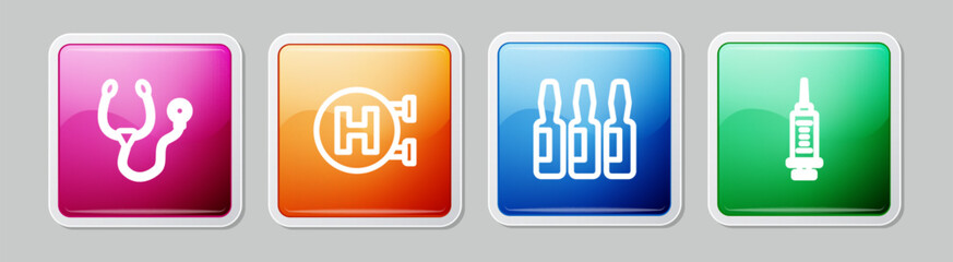 Set line Stethoscope, Hospital signboard, Medical vial, ampoule and Syringe. Colorful square button. Vector