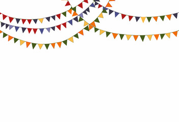 Fototapeta premium Festive Hanging Bunting Decor in Vibrant Multicolored Triangular Flags Set Against a Clean White Background Creating a Cheerful Celebration Atmosphere