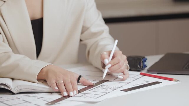 Architect reviewing blueprints and drafting plans with precision in office setting.