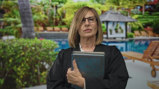 Middle age woman in robe holds large book by pool beside a building under bright sunlight; justice confidence.