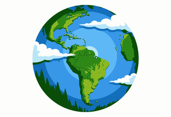 Naklejka premium Illustration of Planet Earth Showing North and South America Highlighting Green Land Masses Against Blue Oceans Surrounded by Fluffy White Clouds