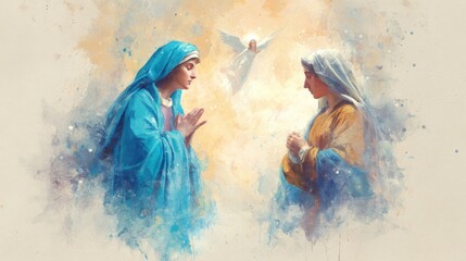 Fototapeta premium Religious scene with angel and two praying women in vibrant colors.