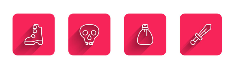 Set line Ancient viking boots, Skull, Old money bag and Medieval sword with long shadow. Red square button. Vector