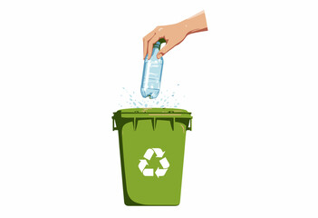 Illustration of a hand recycling a plastic bottle into a green bin with a recycling symbol, promoting environmental sustainability and waste management.
