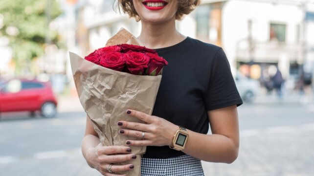 Happy young woman with red lipstick holds a beautiful bouquet of red roses wrapped in brown paper standing outdoors on a sunny city street feeling joyful and romantic