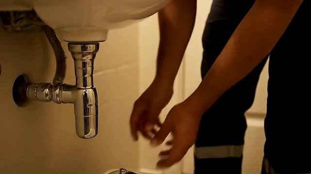 Close up of pipe fitting plumbing under sink | Close up of worker repairing pipe fitting under sink