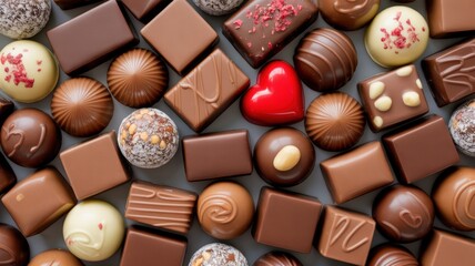 A decadent and luxurious assortment of gourmet chocolates and artisanal truffles artfully arranged on a soft background featuring a vibrant red heart shaped candy for sweet romantic occasion