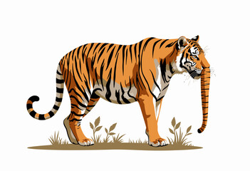 Obraz premium Illustration of a majestic tiger standing tall on a grassy patch, showcasing its striking orange and black striped coat against a minimalist white background.