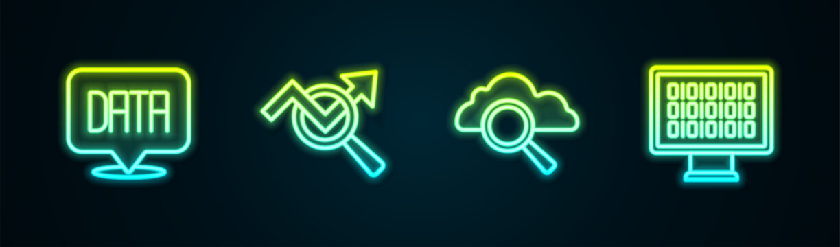 Set line Data analysis, Search data, cloud computing and Binary code. Glowing neon icon. Vector