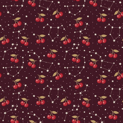 Seamless Cherry Pattern with Celestial Stars and Constellation Background