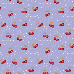 Seamless Cherry Pattern with Celestial Stars and Constellation Background