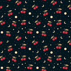 Seamless Cherry Celestial Pattern with Stars and Moon