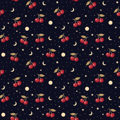 Seamless Cherry Celestial Pattern with Stars and Moon