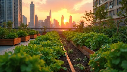 Fototapeta premium Urban rooftop garden with green plants and vegetables. City skyline view at sunset with tall buildings and warm light. Sustainable farming in city.