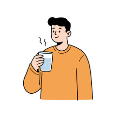 Obraz premium Young man enjoying a warm beverage while smiling in casual setting 
