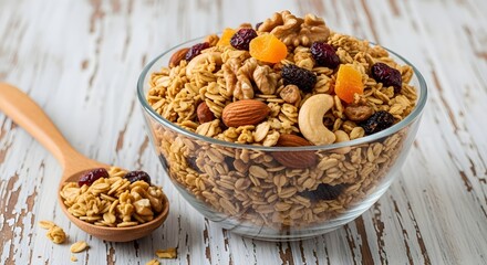 Fototapeta premium A wholesome bowl of homemade granola with assorted nuts and dried fruits for a healthy breakfast