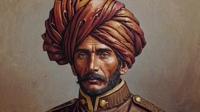 A man in a traditional turban poses confidently. The man wears a vintage military uniform, showcasing intricate details and a dignified expression.