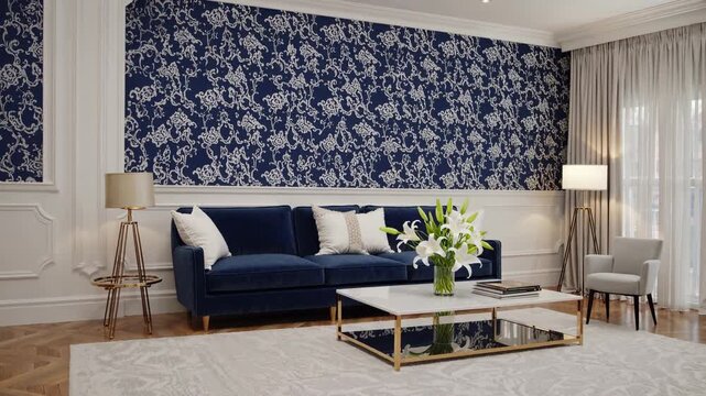 The living room features a navy blue sofa and a coffee table with flowers. Stylish lamps illuminate the elegant decor in this modern, cozy living room design.