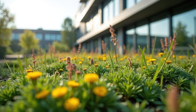 Green roof with small yellow flowers and plants covers building exterior. Modern architecture features windows reflecting sky. Eco friendly urban design utilizes nature.