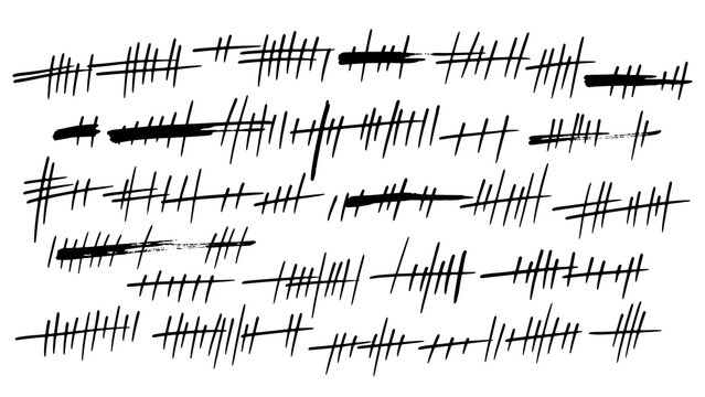 Abstract pattern of repetitive hand-drawn black tally marks, representing a system of counting, tracking, or accumulated data over time on a white backdrop