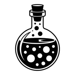 A black illustration of a classic round-bottom flask filled with a liquid, featuring bubble details.