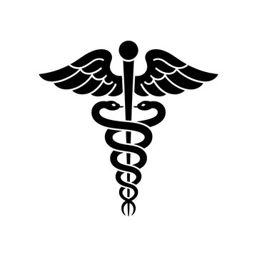 The image features the caduceus symbol, consisting of two snakes wrapped around a staff with wings at the top