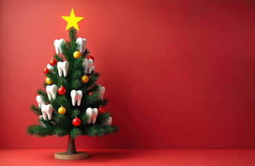 A small evergreen tree is decorated with human teeth ornaments and red and gold baubles. A yellow star sits atop the festive fir. This humorous dental concept for Christmas and New Year holidays.