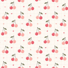 Seamless Cherry Pattern with Leaves, Pastel Pink Repeating Background