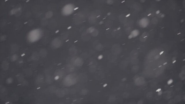 Slow motion snowfall particles drifting through space with a dense blizzard effect, swirling flakes and cinematic winter atmosphere, featuring soft bokeh blur perfect for overlays, holiday visuals, se