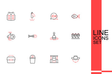Set line Dried fish, Campfire and pot, Fisherman hat, Case or box for fishing, equipment, Fishing float water, skeleton and Spinning reel icon. Vector © Iryna