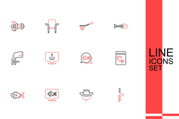 Obraz premium Set line Hand ice drill, Dried fish, Location fishing, Fish, Served plate, Fishing hook and Outboard boat motor icon. Vector