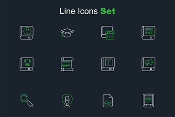 Set line E-Book reader, FB2 File, Microphone, Magnifying glass, Decree, parchment, scroll and icon. Vector