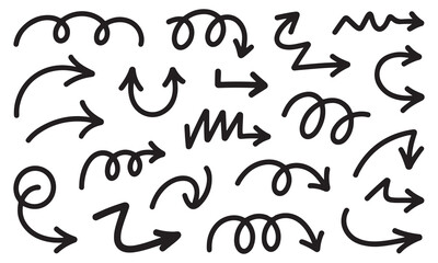 Hand drawn doodle elements set, abstract line icons, arrows, hearts and decorative shapes. Vector illustration