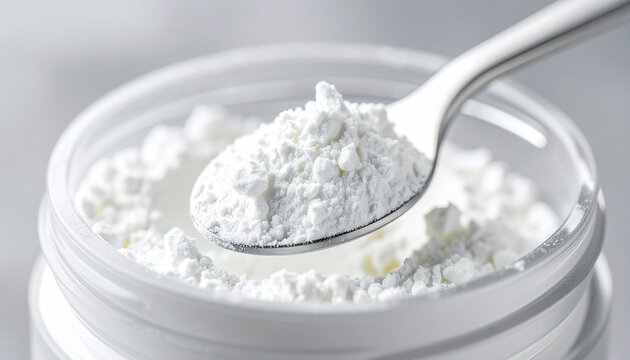 White powder scoop in jar, hydrolyzed collagen supplement, sodium benzoate, citric acid, calcium