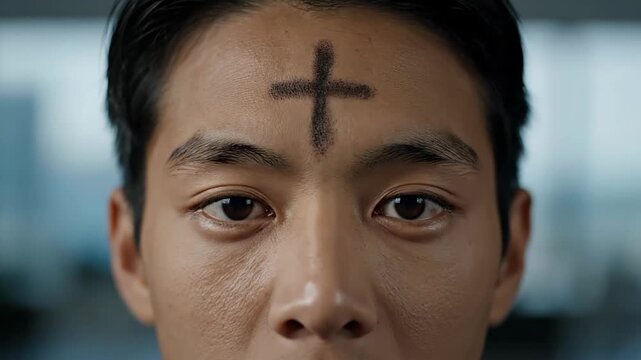 Solemn Reflection on Ash Wednesday A Close-Up Portrait of an Individual with an Ash Cross on Their Forehead, Marking the Start of Lent