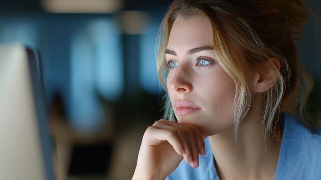 Focused Woman Working Late on Computer Screen