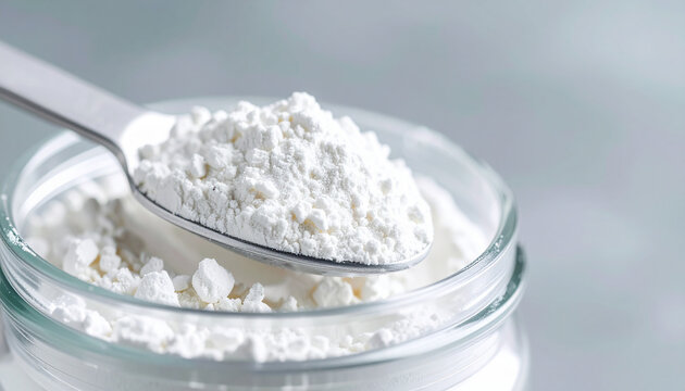 White powder scoop in jar, hydrolyzed collagen supplement, sodium benzoate, citric acid, calcium