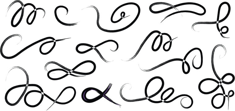 Flourish drawn swash red set. Red flourish calligraphy hand drawn pen brush ink thin stroke line. Vintage doodle swirl scroll underline text decoration texture grunge