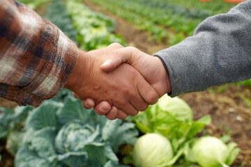 Two men shaking hands in the agricultural field. Successful business contract, agreement, partnership