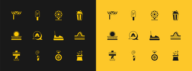 Set Popcorn in cardboard box, Birthday party horn, Bumper, Unicycle, Circus tent, Ferris wheel, Festive mask and Ice cream icon. Vector © Iryna