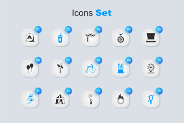 Set Circus fire hoop, Pinwheel toy, Paper glass with water, Firework rocket, Magic hand mirror, Ferris, tent and Vintage bicycle icon. Vector © Iryna